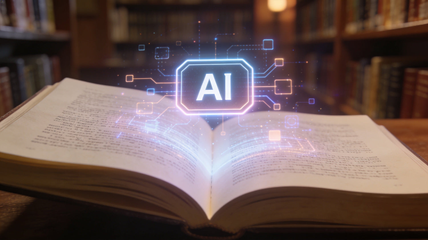  Отворена хартиена книга с дигитални елементи и светещ етикет AI, символизираща новите правила на ЕС за обозначаване на изкуствен интелект в книгоиздаването